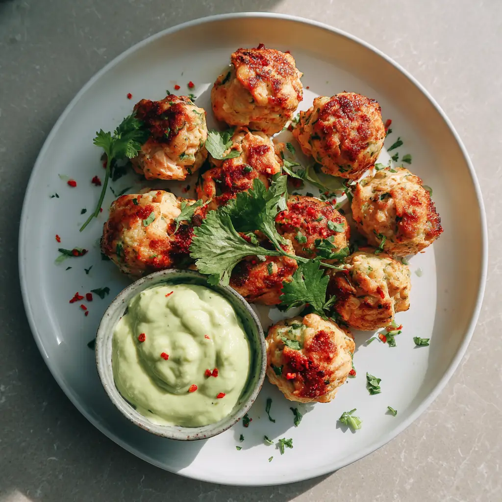 Top-down view of Salmon Meatballs on a white plate garnished with chopped cilantro and red pepper flakes.