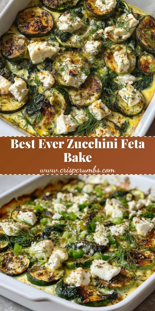 Zucchini Spinach Feta Casserole with a Golden Cheese Crust 4 A close-up of a Zucchini Spinach Feta Casserole with layered green zucchini rounds and golden-brown cheese peaks in a white ceramic dish.
