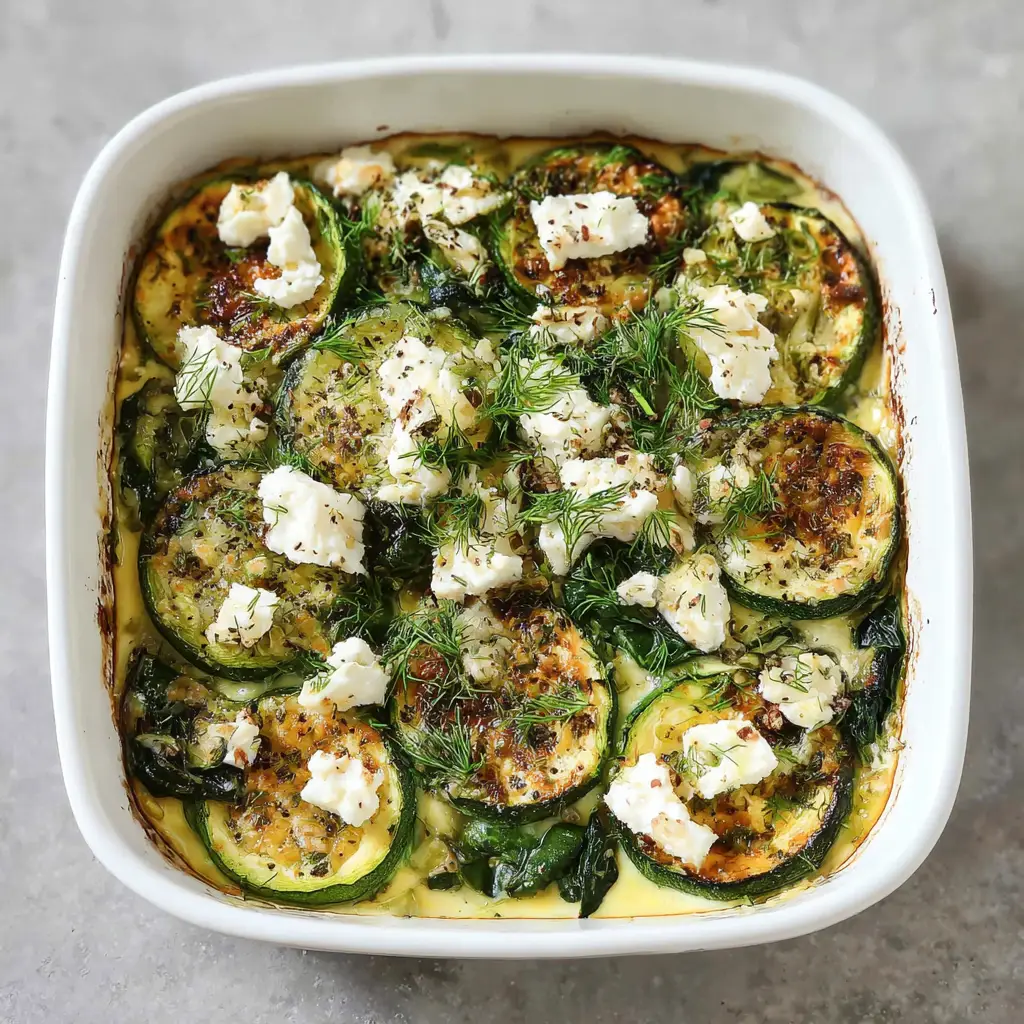 Zucchini Spinach Feta Casserole with a Golden Cheese Crust 1 Top-down view of the Zucchini Spinach Feta Casserole featuring fresh dill garnish and set egg custard.
