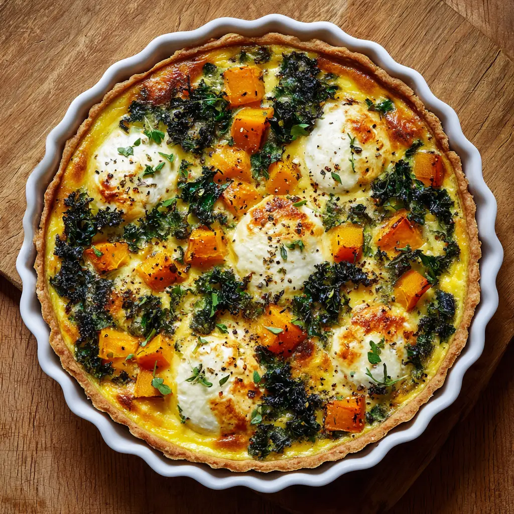 The Ultimate Winter Vegetable Quiche with Butternut Squash and Kale 1 Top-down view of a winter vegetable quiche garnished with fresh green thyme leaves and coarse black pepper flakes on a wooden surface.