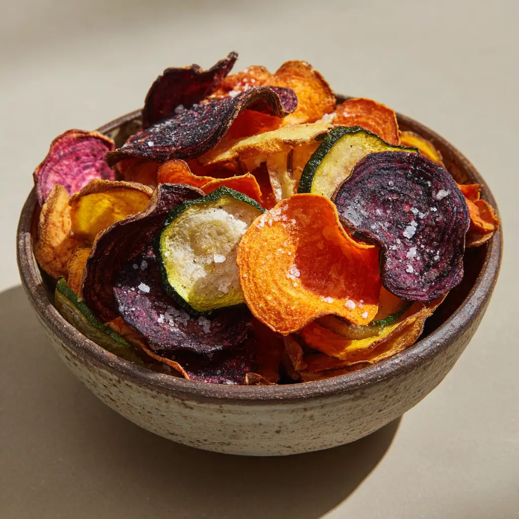 Close-up of crispy Air Fryer Veggie Chips glistening with a light oil sheen and speckled with coarse sea salt flakes.