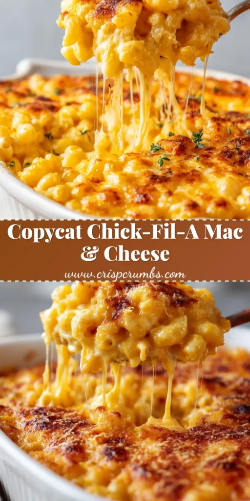 The Ultimate Copycat Chick-fil-A Mac and Cheese Recipe 4 A spoonful of baked Copycat Chick-fil-A Mac and Cheese lifted from a white ceramic dish, showing gooey strings of melted cheese stretching upwards.