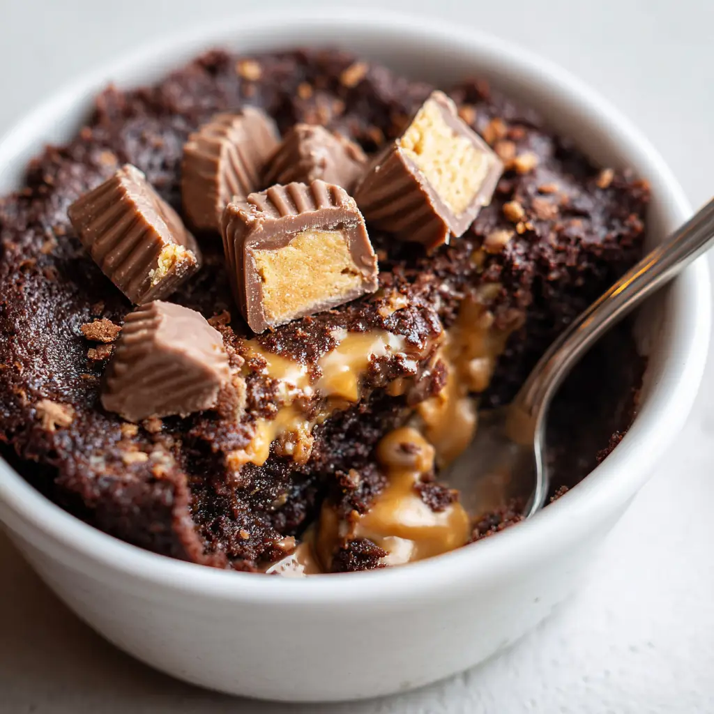 The Ultimate Fudgy Peanut Butter Cup Dump Cake 1 Semi-melted ridged milk chocolate peanut butter cups embedded in hot chocolate cake.