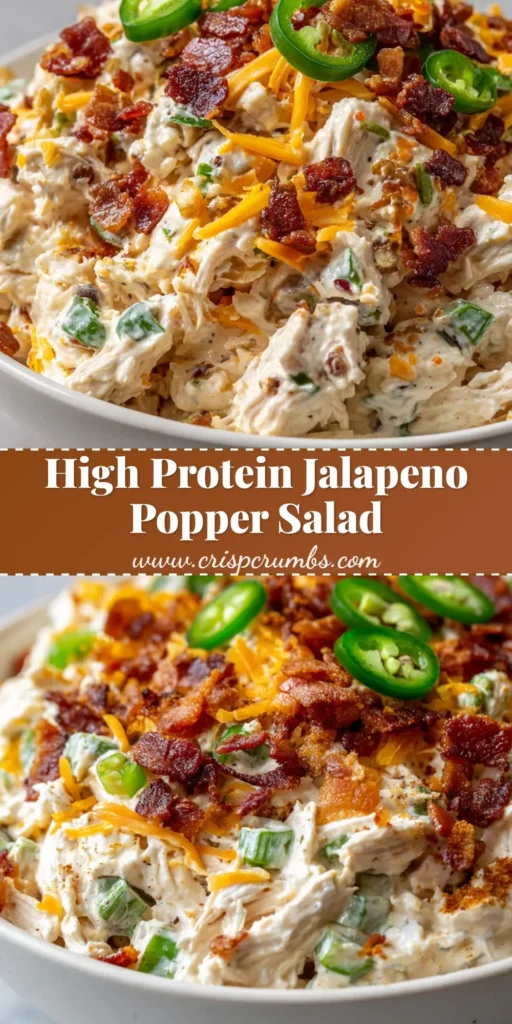 The Ultimate Jalapeno Popper Chicken Salad 4 A close up, handheld smartphone photo of jalapeno popper chicken salad in a shallow white ceramic bowl topped with crispy bacon and fresh jalapeno slices.