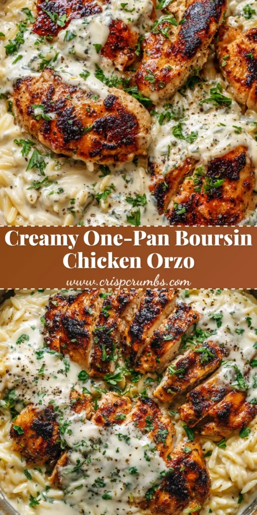 A rustic pan filled with creamy cooked Boursin chicken orzo topped with pan-seared golden-brown chicken cutlets, melted cheese pools, parsley, and black pepper.