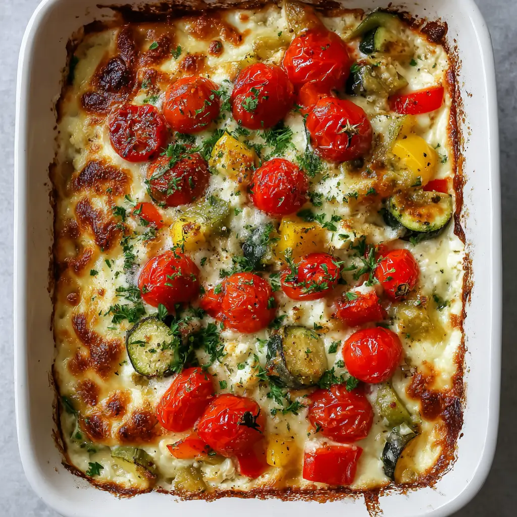 Cottage Cheese Veggie Bake: A Creamy & Cheesy Casserole 1 Close up of blistered cherry tomatoes and melted golden-brown mozzarella cheese on top of a cottage cheese bake.