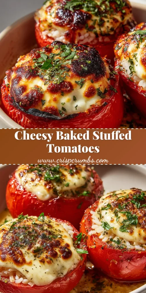 Cheesy Baked Stuffed Tomatoes: The Ultimate Herbed Rice Recipe 4 A close-up of three roasted red beefsteak tomatoes stuffed with fluffy white rice, topped with a thick layer of melted mozzarella with golden-brown charred spots, garnished with flat-leaf parsley and dried oregano in a shallow white ceramic baking dish.
