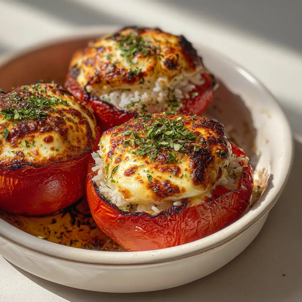 Cheesy Baked Stuffed Tomatoes: The Ultimate Herbed Rice Recipe 1 Close-up unedited aesthetic smartphone photo of roasted red tomatoes topped with bubbling mozzarella cheese with charred spots, fresh minced parsley, and oregano flakes.
