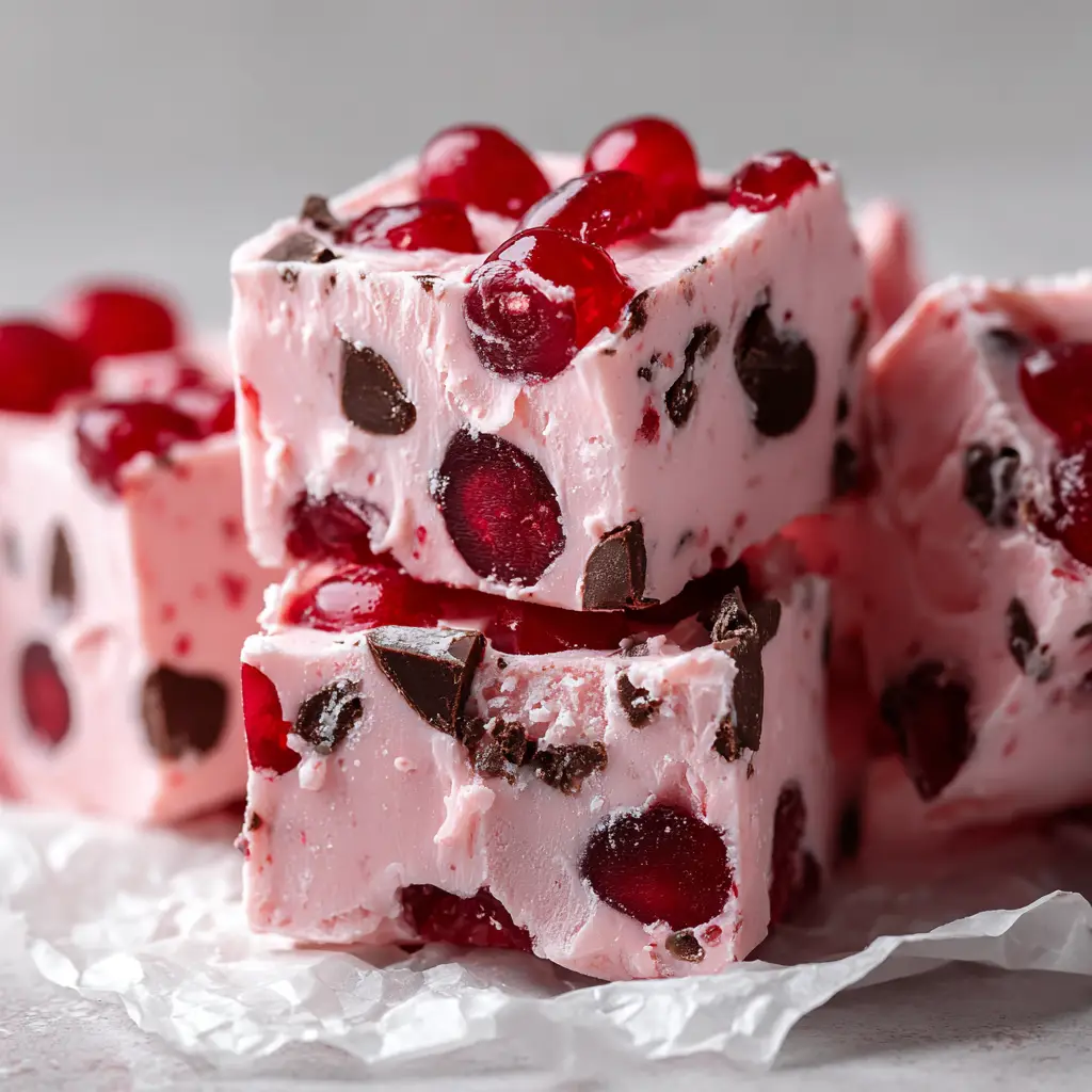 The Ultimate Cherry Garcia Fudge Experience for Dessert Lovers 1 Close-up of Cherry Garcia Fudge resting on a flat surface in soft natural daylight.