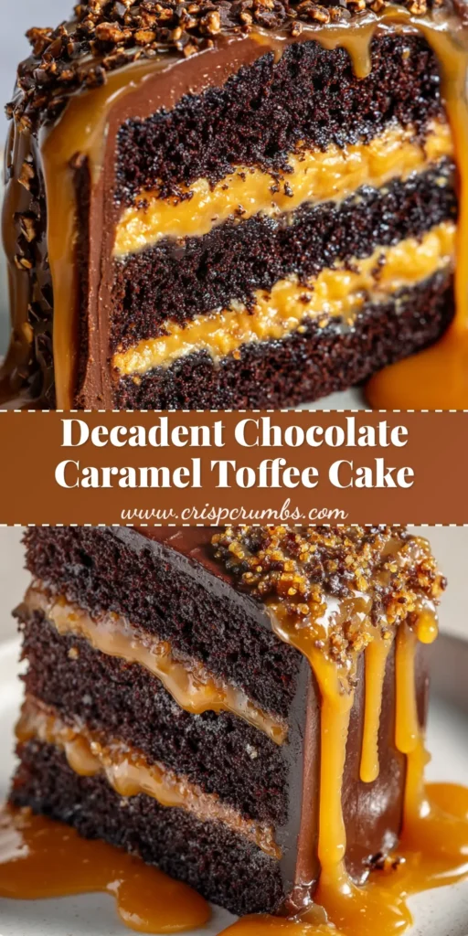 The Ultimate Chocolate Caramel Toffee Crunch Cake 4 A close-up of a single slice of rich Chocolate Caramel Toffee Crunch Cake with three moist dark chocolate layers, thick dark chocolate buttercream, and gooey amber caramel veins.