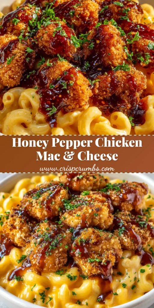 A close-up of a hearty bowl of Honey Pepper Chicken Mac and Cheese featuring sticky glazed fried chicken bites over creamy orange-yellow cheddar pasta.