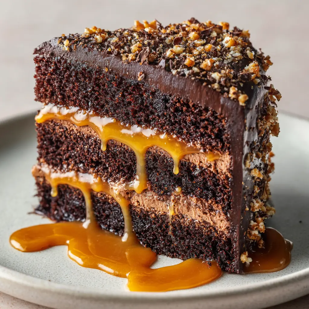 The Ultimate Chocolate Caramel Toffee Crunch Cake 1 Top view showing the Chocolate Caramel Toffee Crunch Cake surface crusted with irregular, jagged light brown toffee bits and micro chocolate chips.