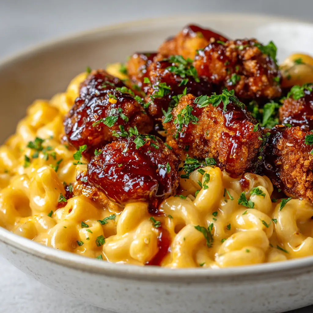 Bite-sized chunks of crispy fried chicken completely glazed in a sticky, glossy dark amber sweet and spicy honey pepper sauce.