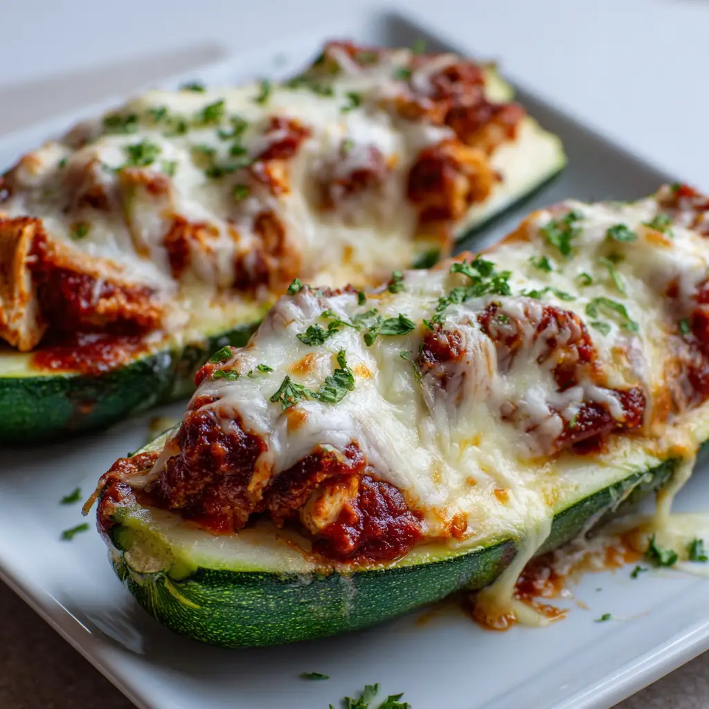Two stuffed zucchini boats resting side by side in a plain white rectangular ceramic baking dish with fresh chopped green parsley sprinkled on top.