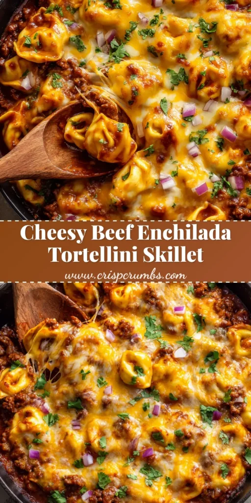 A close-up view of cheesy Beef Enchilada Tortellini in a cast iron skillet with a wooden spoon creating a thick cheese pull.
