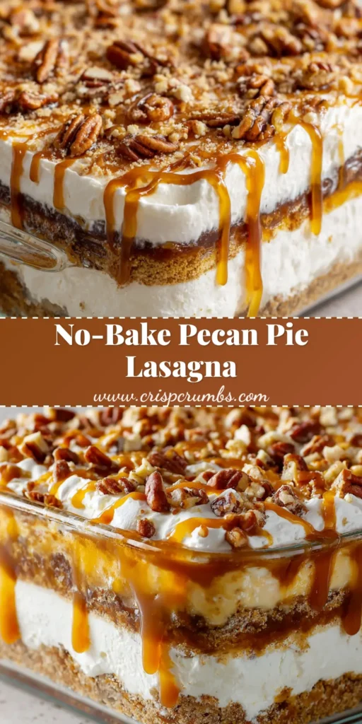 The Ultimate Pecan Pie Lasagna 4 A close up photo of a layered pecan pie lasagna dessert in a rectangular clear glass casserole dish, garnished with pecans and caramel drizzle.