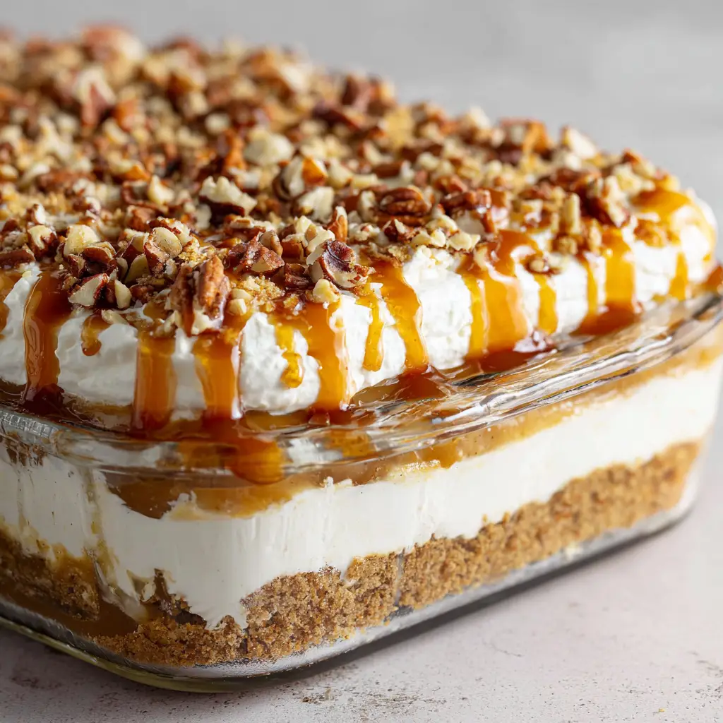 The Ultimate Pecan Pie Lasagna 1 Close up top view of chopped toasted pecans and glossy amber caramel sauce drizzled over whipped cream.