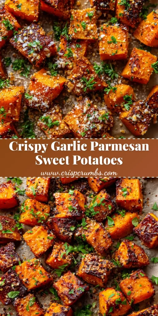Garlic Parmesan Roasted Sweet Potatoes: The Ultimate Crispy Savory Side Dish 4 A close-up view of Garlic Parmesan Roasted Sweet Potatoes with crispy dark golden-brown edges, melted parmesan cheese, and fresh green parsley.