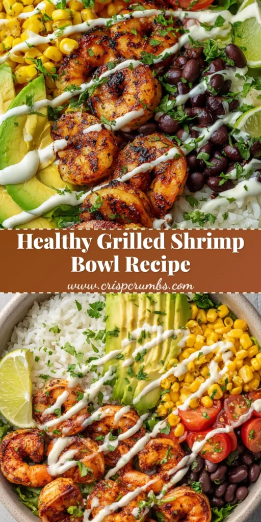 A top-down smartphone photo of a vibrant Grilled Shrimp Bowl featuring charred shrimp, fire-roasted corn, avocado, and lime crema in a matte ceramic dish.