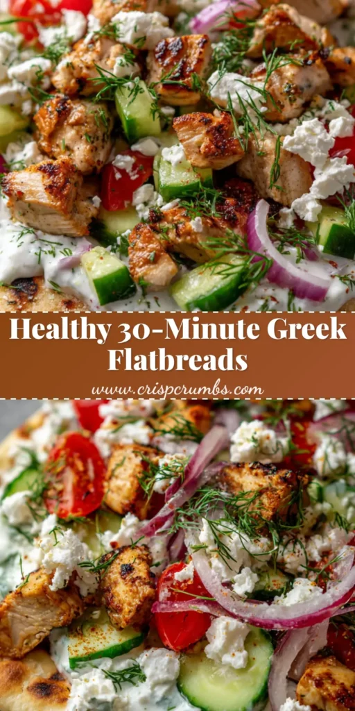 A single Greek Chicken Flatbread on a grey surface with charred pita, seared chicken, feta, and fresh dill.