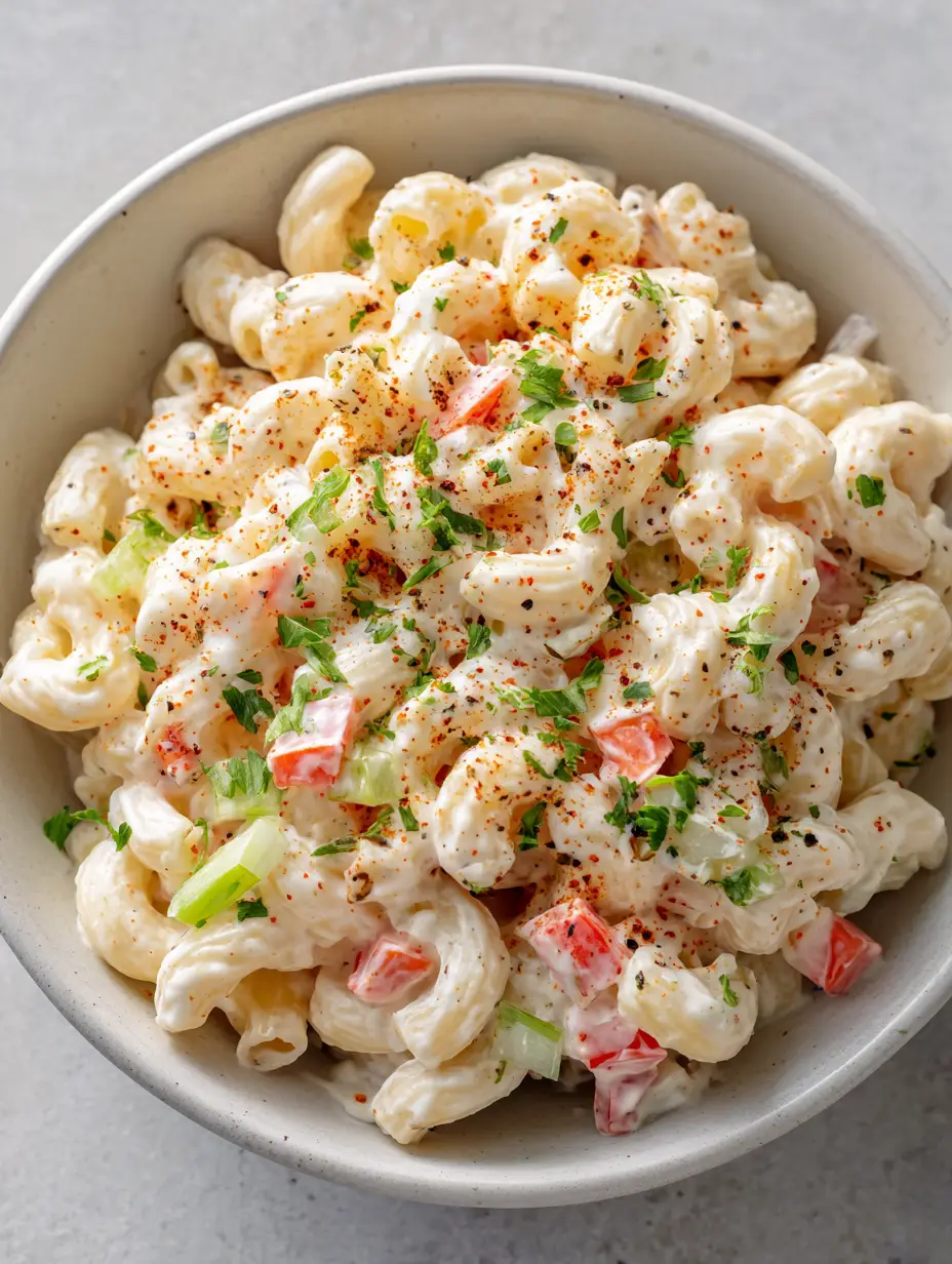 Top-down close-up of Sour Cream Pasta Salad with glossy white dressing and red bell peppers. (Sour Cream Pasta Salad)