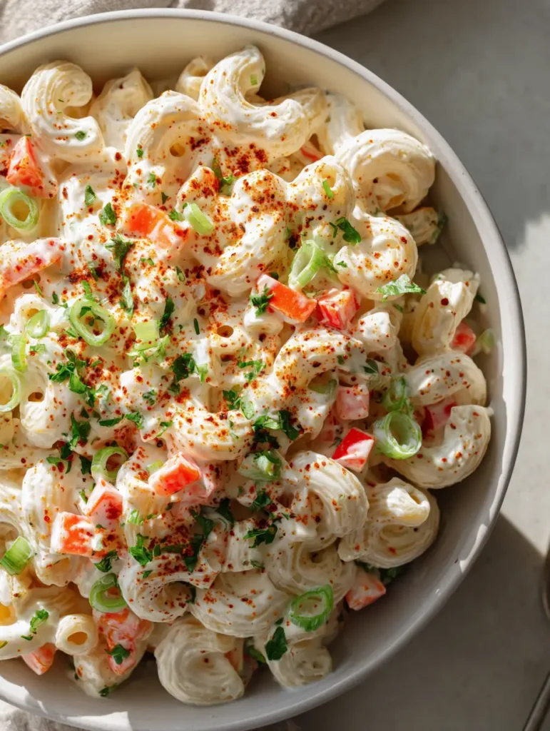 Detailed shot of macaroni noodles coated in sour cream dressing with green scallions and black pepper dusting.