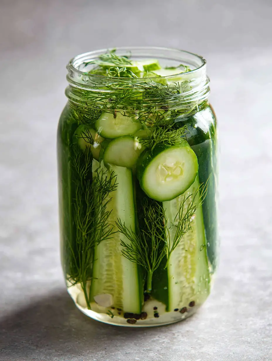 A clear glass jar packed with vibrant green Refrigerator Dill Pickles, spears, and rounds on a gray stone countertop.