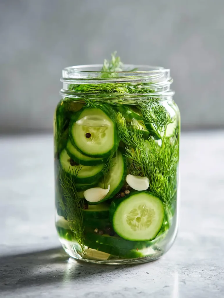 Close-up of feathery dill sprigs and garlic cloves inside a jar of Refrigerator Dill Pickles.
