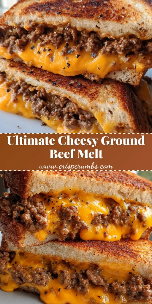 Cheesy Ground Beef Melt with Crispy Buttered Sourdough 4 A handheld smartphone photo of a Cheesy Ground Beef Melt sandwich sliced in half and stacked on a white plate, showing dripping orange cheddar and seared beef.