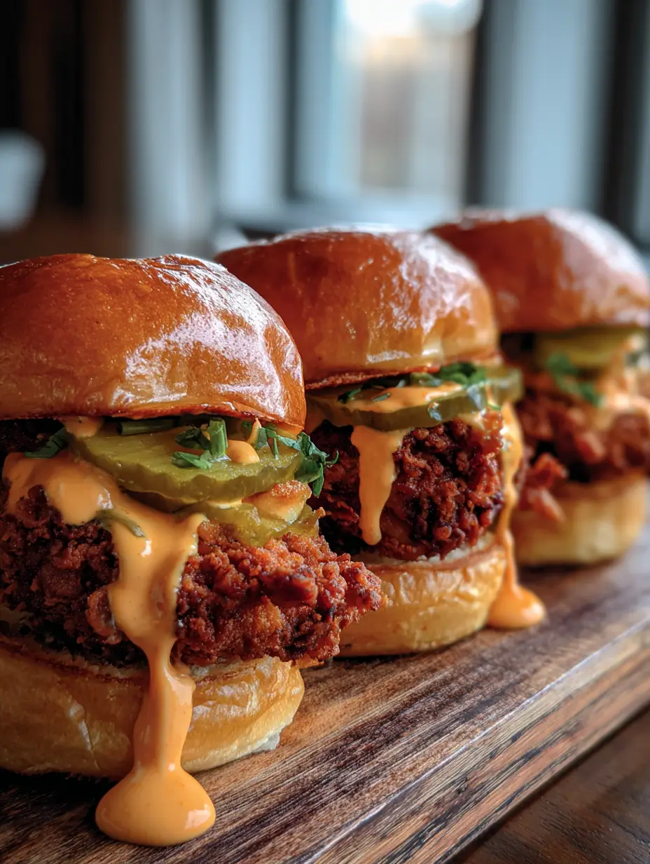 A close-up mobile photo of a Crispy Fried Chicken Slider showing the craggy, flaky texture of the breading and the orange-tinted sauce.