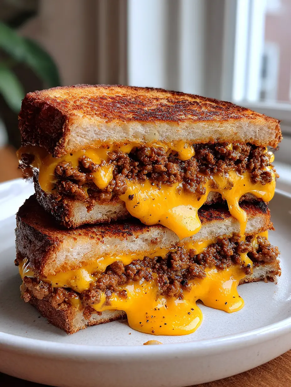 Cheesy Ground Beef Melt with Crispy Buttered Sourdough 3 Close up of the golden-brown crust and seared crumbled beef inside a Cheesy Ground Beef Melt.