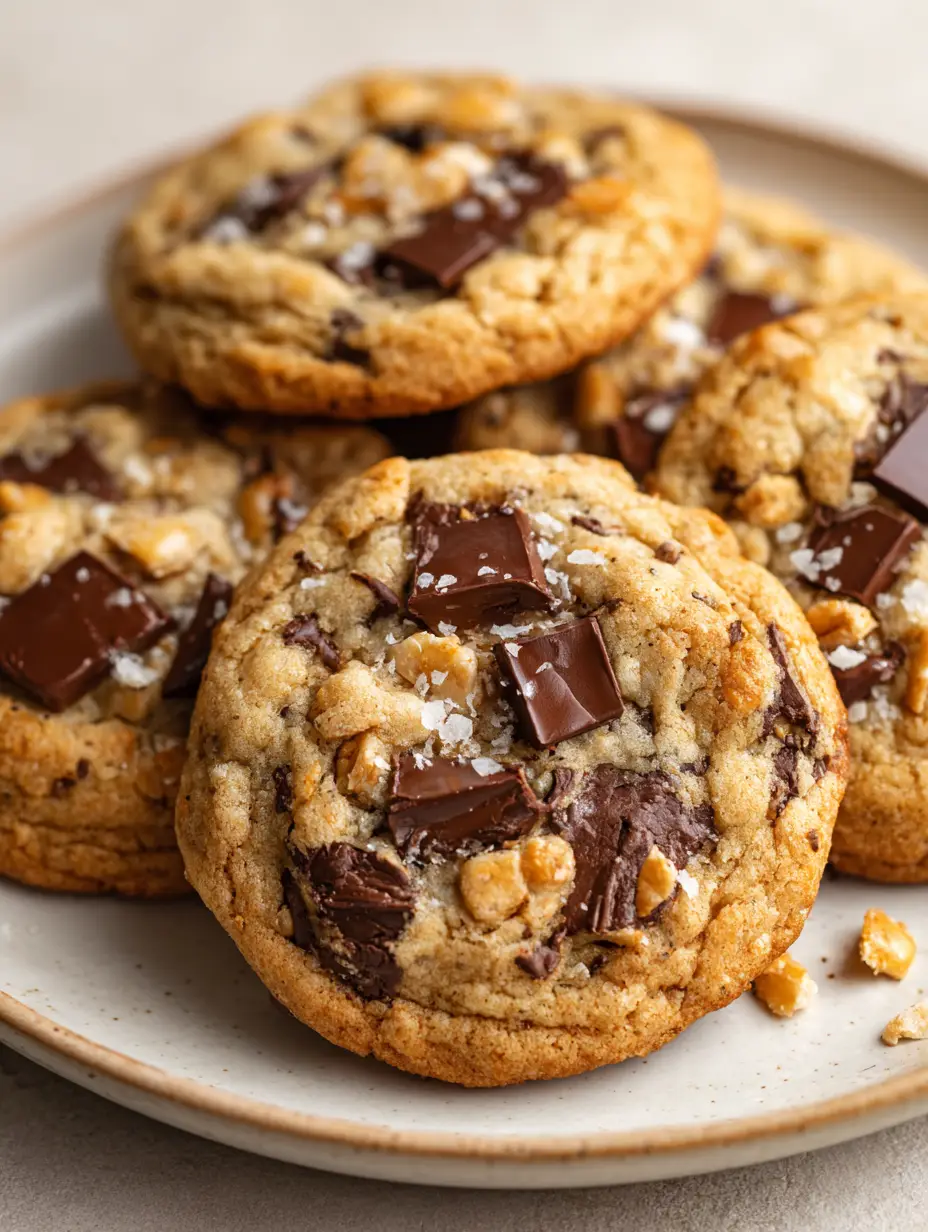 Rice Krispie Chocolate Chip Cookies with Toasted Puffed Rice 3 Close-up of Rice Krispie Chocolate Chip Cookies showing the heavily textured surface with toasted puffed rice and dark chocolate pools.