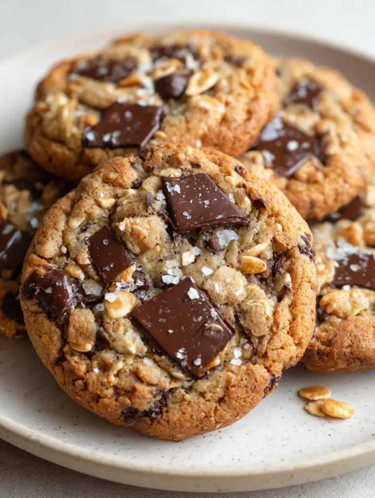 Rice Krispie Chocolate Chip Cookies with Toasted Puffed Rice 1 Thick Rice Krispie Chocolate Chip Cookies with deeply golden crisp edges and soft, dense centers stacked on a ceramic plate.