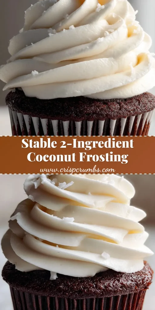 Coconut Milk Frosting: The Ultimate Piped Vegan Topping for Dark Chocolate Cupcakes 4 A close-up of a dark chocolate cupcake with a tall swirl of Coconut Milk Frosting and desiccated coconut garnish.