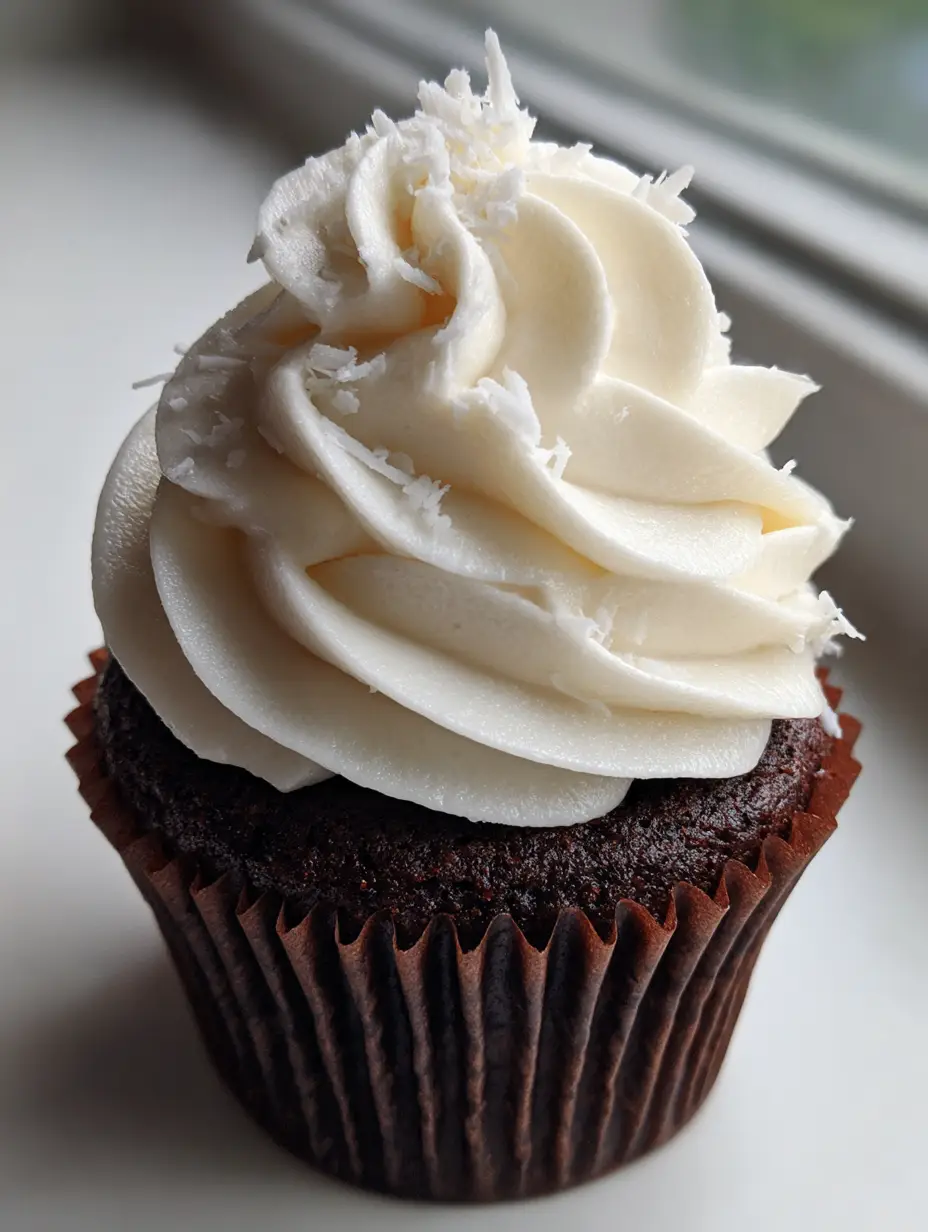 Coconut Milk Frosting: The Ultimate Piped Vegan Topping for Dark Chocolate Cupcakes 3 Smartphone photo of a dark chocolate cupcake featuring thick white Coconut Milk Frosting in a brown liner.
