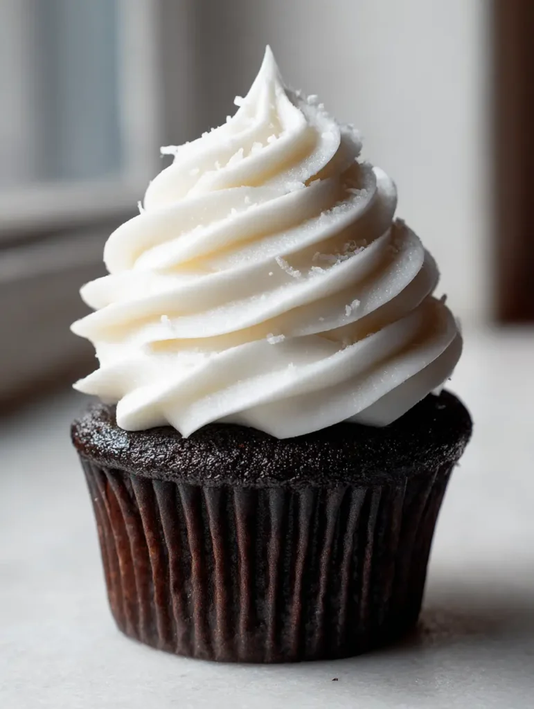 Coconut Milk Frosting: The Ultimate Piped Vegan Topping for Dark Chocolate Cupcakes 1 Close up view of sharp defined ridges on a Coconut Milk Frosting swirl with coconut flakes.