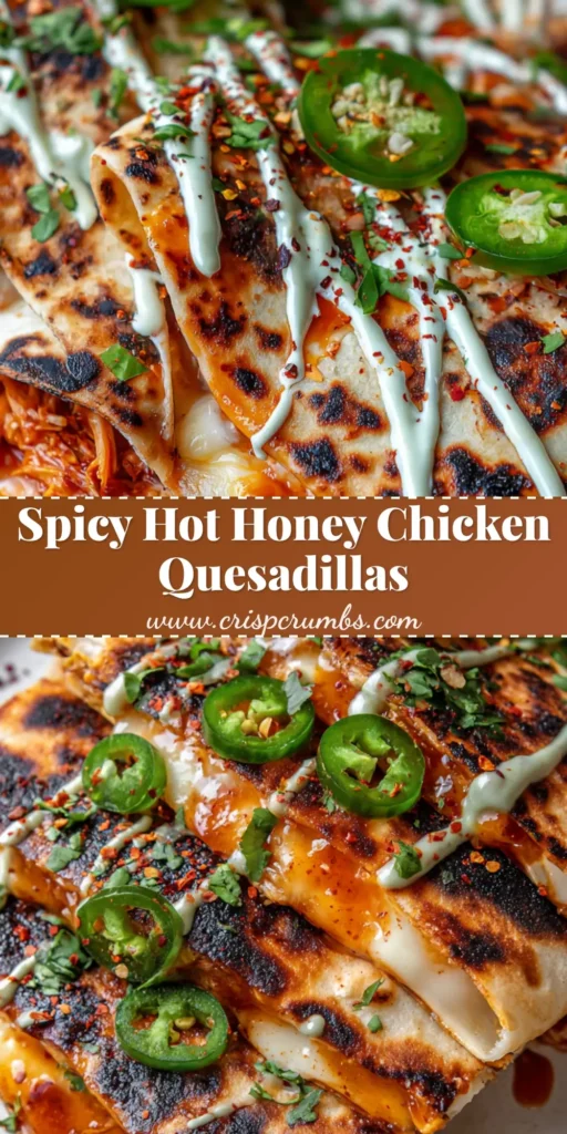 A stack of three folded Hot Honey Chicken Quesadillas showing charred flour tortillas, melted Monterey Jack cheese, and glossy orange-red chicken, topped with a green jalapeno drizzle and fresh cilantro.