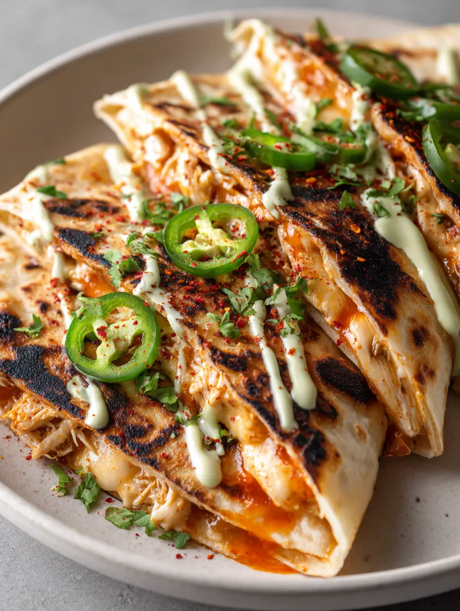 Close-up of Hot Honey Chicken Quesadillas on a white plate with visible dark charred spots on the tortillas and a thick green cream sauce drizzle.
