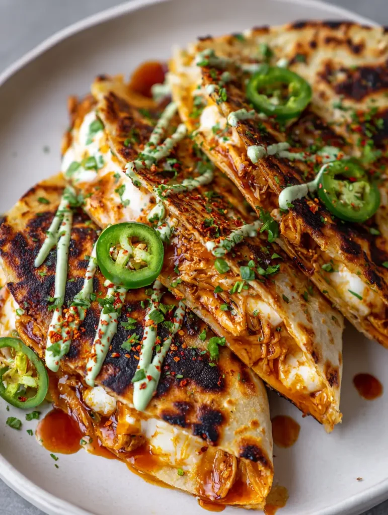 A handheld photo of Hot Honey Chicken Quesadillas being served, showcasing the glossy orange-red chicken filling and fresh green jalapeno slices.