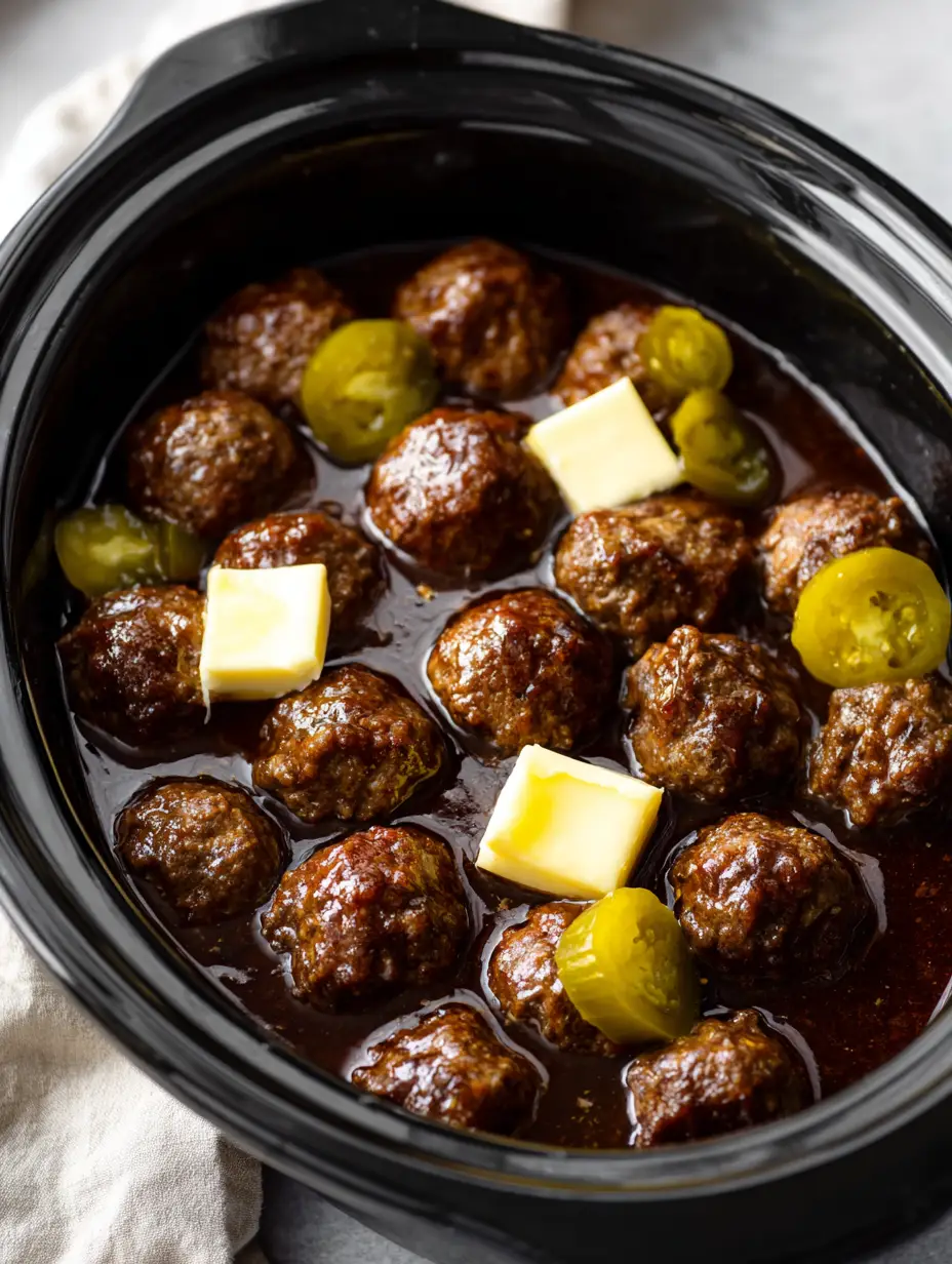 Mississippi Meatballs: The Ultimate Slow Cooker Comfort Food Guide 3 Close up of browned beef meatballs submerged in dark brown au jus gravy with pepperoncini. (Mississippi Meatballs)