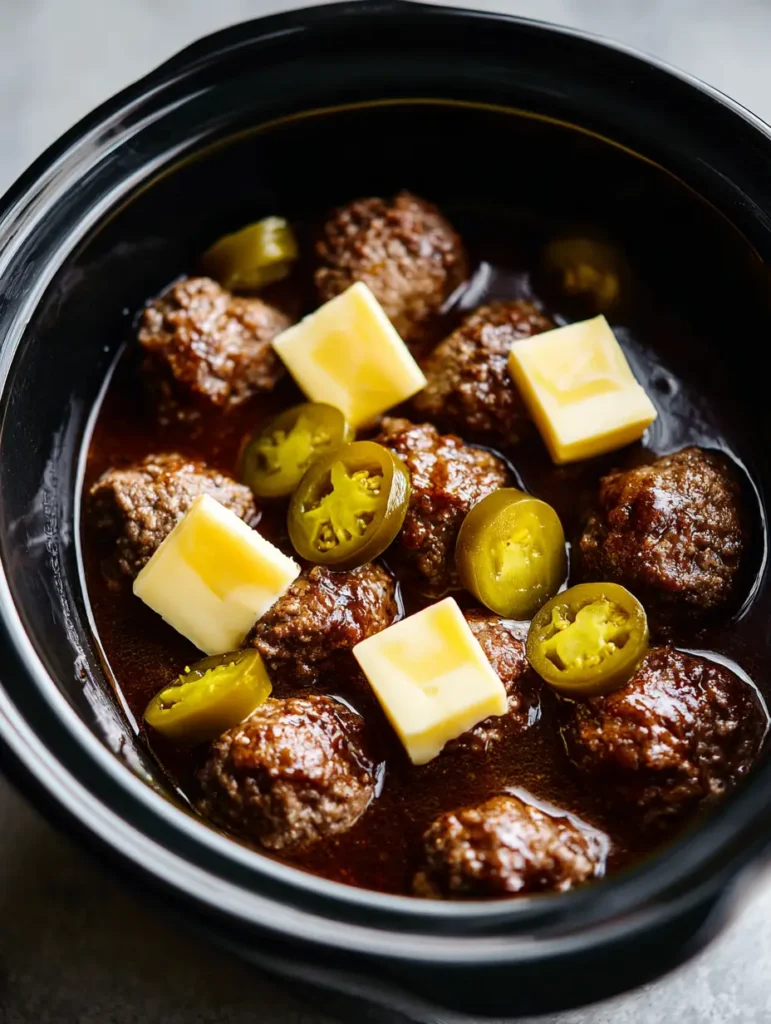 Mississippi Meatballs: The Ultimate Slow Cooker Comfort Food Guide 1 Juicy Mississippi Meatballs in a black ceramic pot topped with square butter pats and peppers.