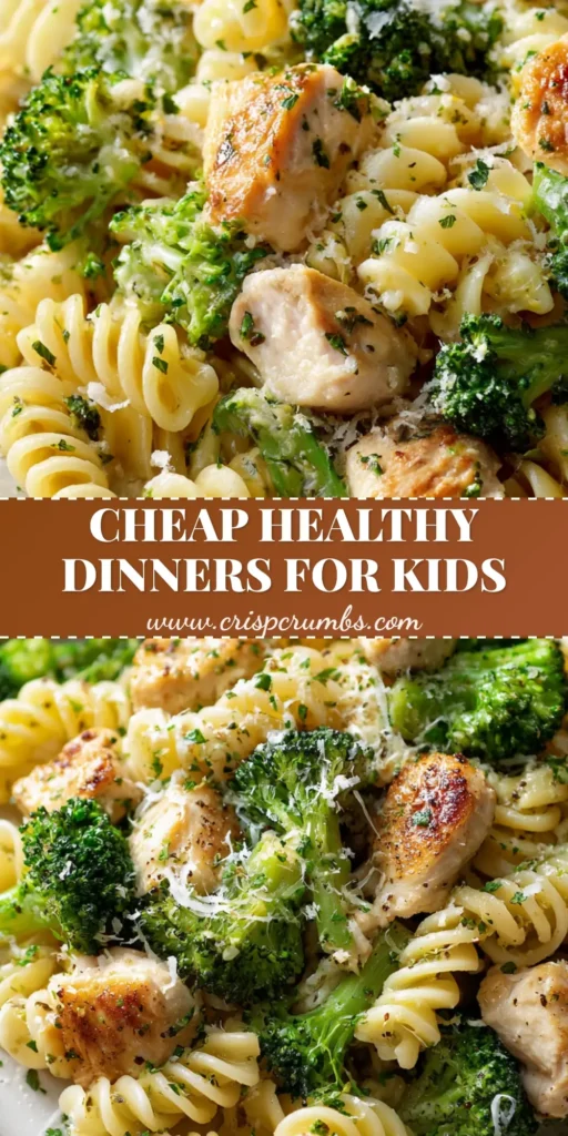 A white plate with rotini pasta, golden chicken, and broccoli, titled Cheap Healthy Dinners for Picky Eaters.