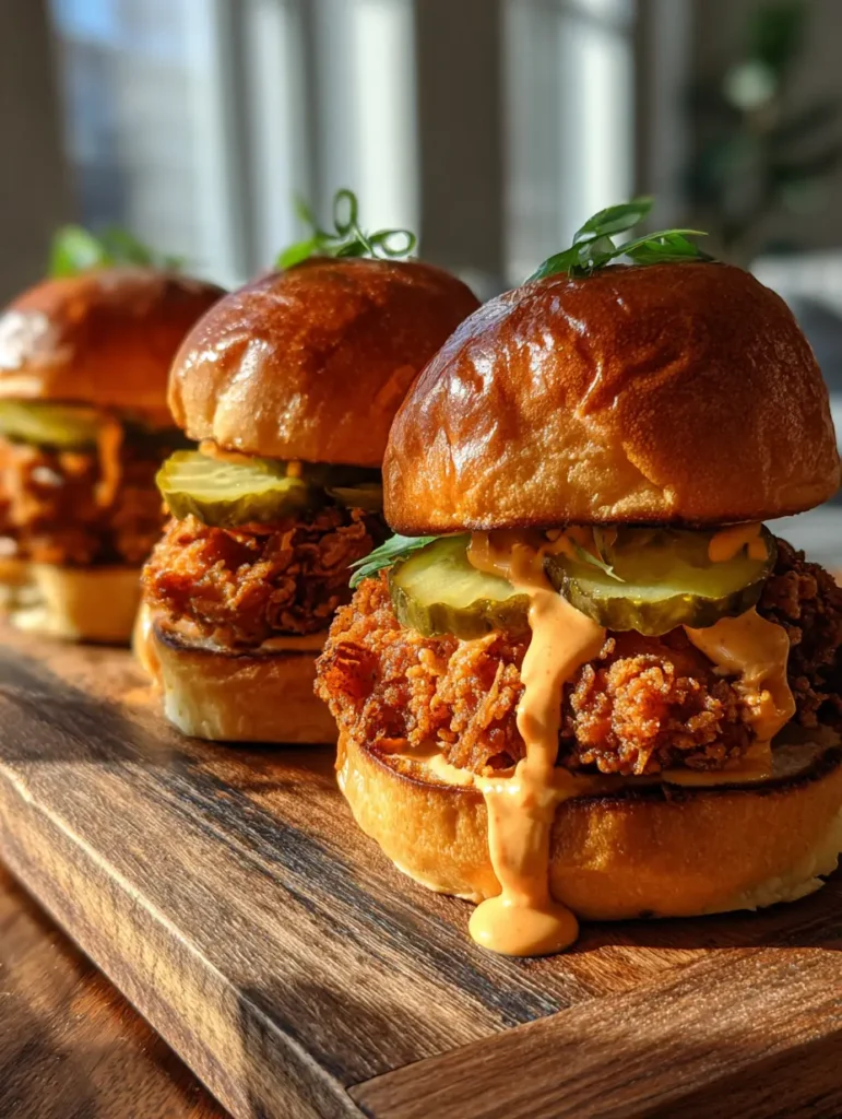 Three fried chicken sliders on a wooden board with spicy orange sauce dripping down the sides and bright green crinkle-cut pickles.