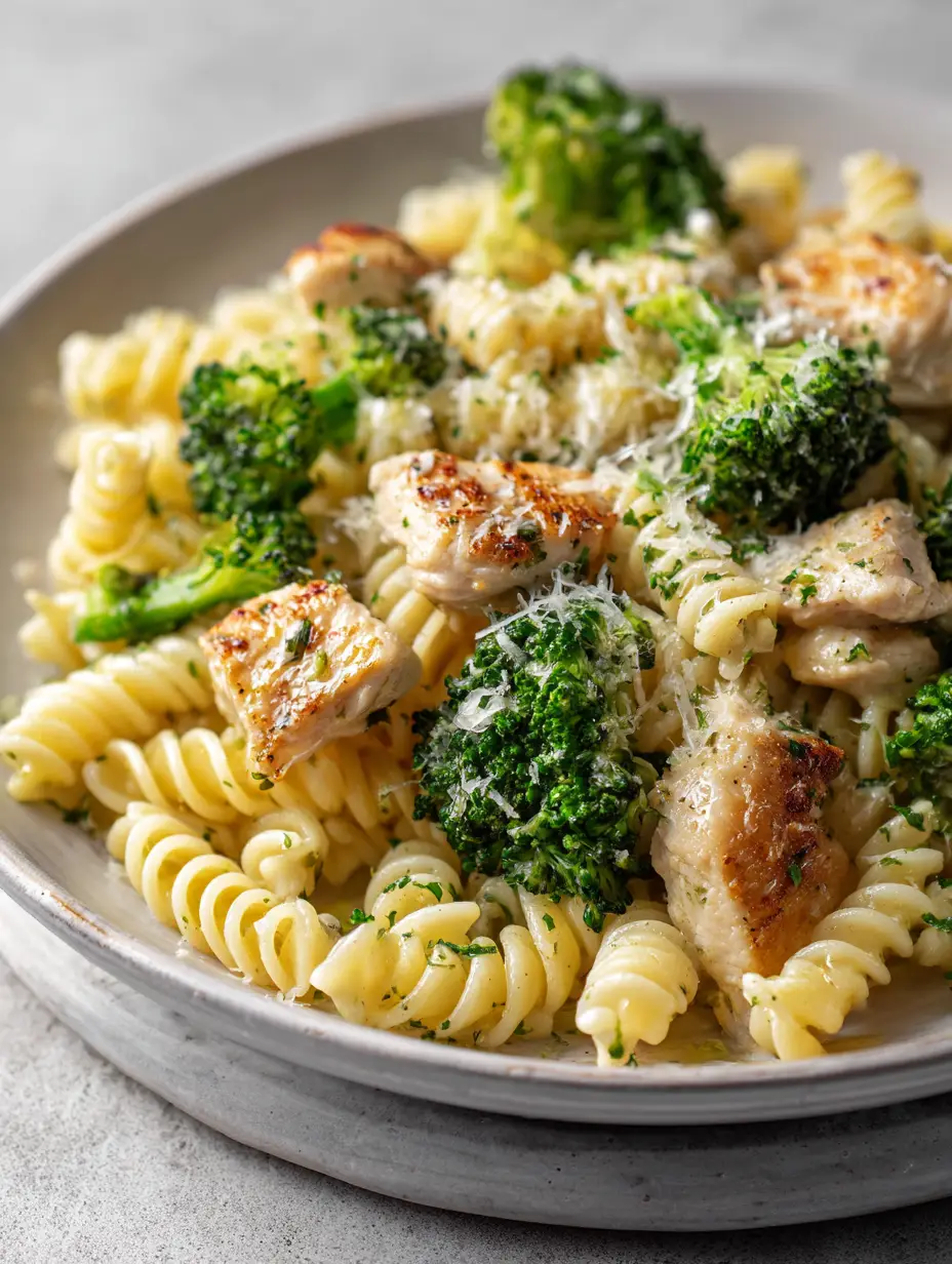 Al dente rotini pasta mixed with seared chicken and vibrant broccoli on a white plate. (Cheap Healthy Dinners for Picky Eaters)