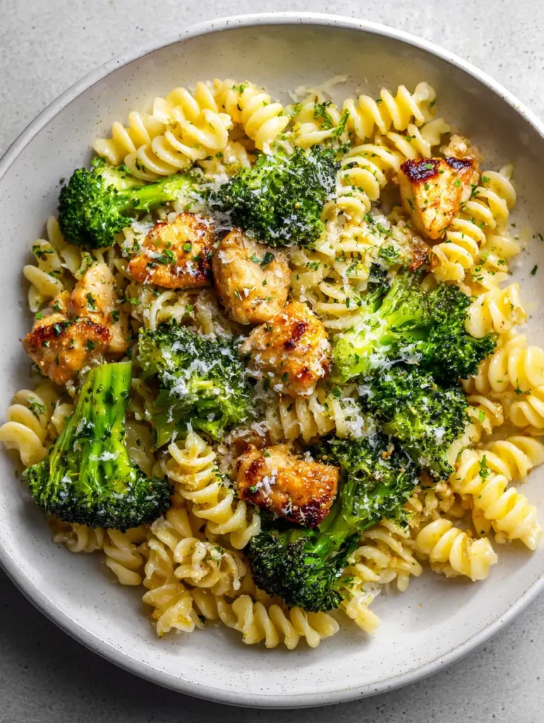 A smartphone photo of a healthy chicken and pasta dinner on a stone surface.