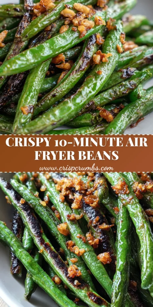 Air Fryer Green Beans with Crispy Minced Garlic and Sea Salt 4 A shallow white bowl filled with blistered Air Fryer Green Beans, topped with crispy garlic bits and coarse sea salt on a light wood background.
