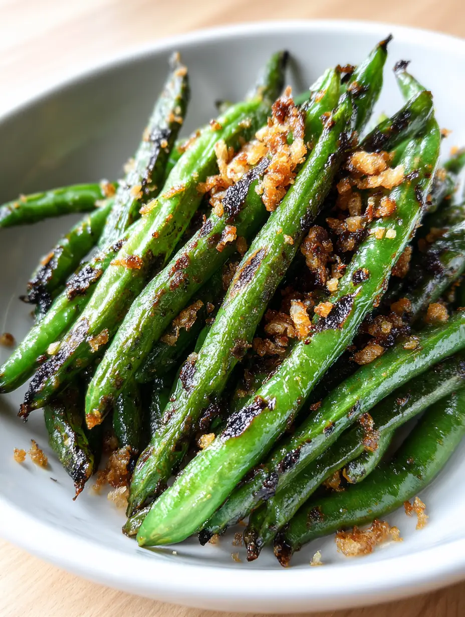 Air Fryer Green Beans with Crispy Minced Garlic and Sea Salt 3 Close-up shot of charred and wrinkled Air Fryer Green Beans glistening with oil and topped with golden fried garlic.