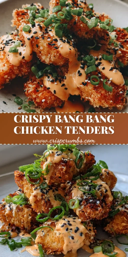 A stack of golden brown Bang Bang Chicken Tenders drizzled with orange sauce and sprinkled with scallions on a plate.