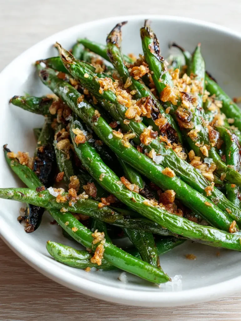 Air Fryer Green Beans with Crispy Minced Garlic and Sea Salt 1 Plated Air Fryer Green Beans in a white bowl showing the crispy texture and fried garlic topping.