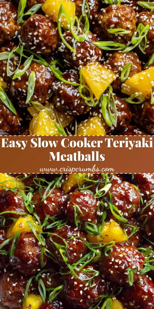 A close-up of glossy Slow Cooker Teriyaki Meatballs in a white bowl with pineapple chunks and sesame seeds.